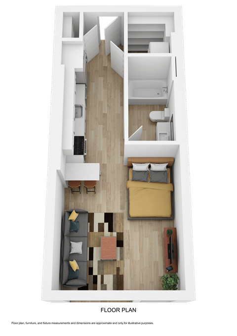 A floor plan of a small apartment with a living room, kitchen, and bedroom.